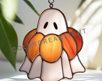 Pumpkin Ghost Stained Glass Pattern, Halloween Suncatcher Template, DIY Spooky Glass Art Window Hanging Design PDF SVG (No.04-79HA)