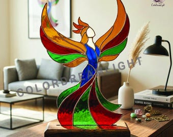 Phoenix Woman Stained Glass Pattern: Rising Goddess Suncatcher Template, Feminine Fire Spirit DIY Glass Art (Digital Download, No.04-174TH)