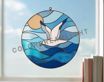 Modello per vetrate con gabbiani, modello per acchiappasole con uccelli in volo, decorazione per finestre con motivo oceano, download immediato PDF SVG PNG (n. 04-119BI)
