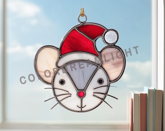 Christmas Mouse Stained Glass Pattern, Cute Rat Suncatcher Template, Holiday Animal Ornament DIY, Easy Glass Art Design (No.04-194AN)