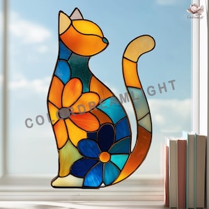 Floral Cat Stained Glass Pattern, Cat Suncatcher Template, Flower Kitty Window Hanging Design, Instant Download SVG PDF (No.04-37PE)