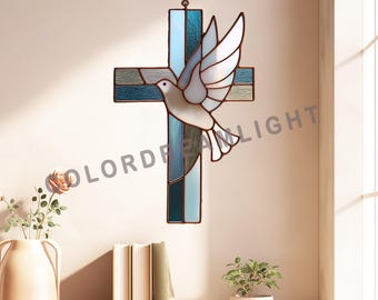 Patrón de cruz de vitral con paloma y cruz, plantilla de atrapasol cristiano, diseño religioso para colgar en la ventana (PDF SVG, n.° 04-10TO)