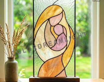 Diseño de vidriera de madre e hijo, atrapasoles abstracto de maternidad, arte en vidrio con silueta de embarazo para manualidades (n.° 04-51)