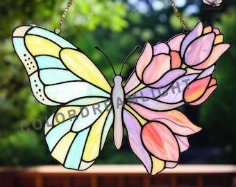 Diseño de vidriera con mariposa y tulipán, atrapasoles mitad mariposa, mitad flor de tulipán, decoración natural para ventanas, descarga digital (n.º 04-91IS)