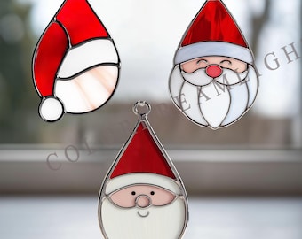 Set of 3 Santa Claus Stained Glass Patterns, Teardrop Suncatcher Template DIY, Christmas Window Decor Digital Download (Number No.04-47BU)