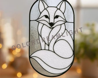 White Fox Stained Glass Pattern, Elegant Sitting Fox Suncatcher Template, Woodland Animal Winter Window Decor (No.04-161AN)
