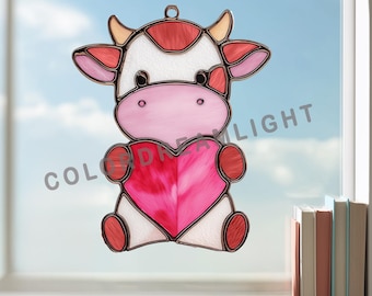 Cute Cow with Heart Stained Glass Pattern, Cartoon Farm Animal Suncatcher Template, Valentine Glass Art Design, PDF PNG  (No.04-98SI)