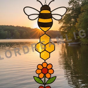 Patrón de vitral con forma de panal de abeja, flor y corazón, plantilla de atrapasol vertical, descarga instantánea en formato PDF, SVG y PNG (n.° 04-31IS)