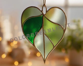 Vitral con forma de corazón, diseño botánico, arte de vidrio inspirado en la naturaleza, regalo para amantes de las plantas (n.° 04-54PL)
