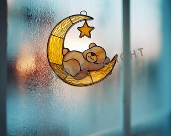 Bär auf Mond Glasmalerei-Muster, niedlichen Baby Tier Suncatcher Vorlage für Anfänger, Kinderzimmer-Fenster-Dekor, Instant Download. Nr.04-29MO