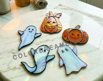 Cute Halloween Stained Glass Pattern Bundle, Ghost Pumpkin Suncatcher Template, Kawaii Glass Art, DIY  Fall Decor (No.04-46HA)