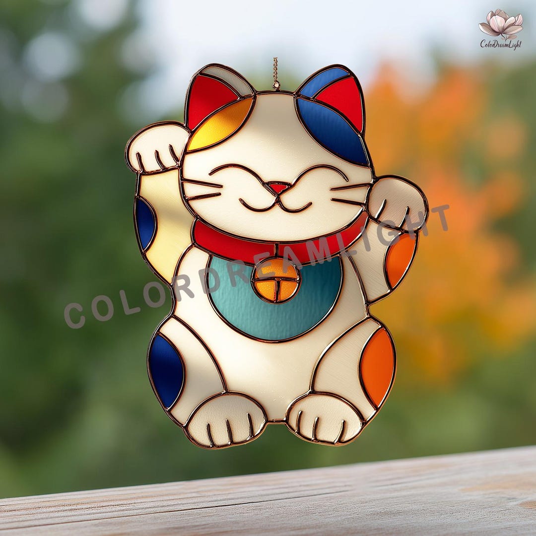 Lucky Cat Stained Glass Pattern PDF SVG, Japanese Cat Suncatcher ...