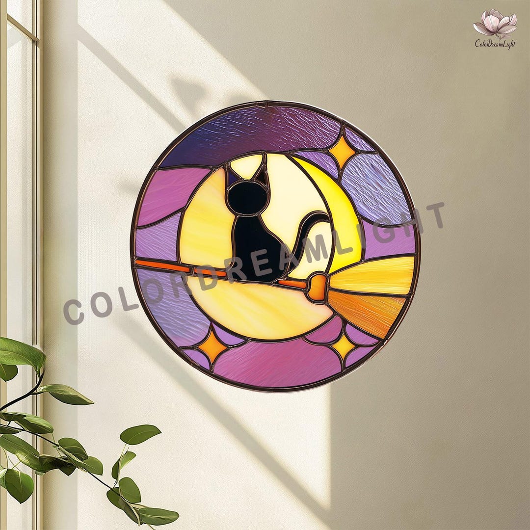 Black Cat on Broom Stained Glass Pattern, Halloween Moon Suncatcher ...