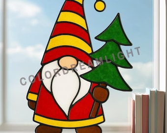 Christmas Gnome Stained Glass Pattern, Gnome with Xmas Tree Suncatcher Template, Holiday Window Glass Art, Digital Download(No.04-54GO)