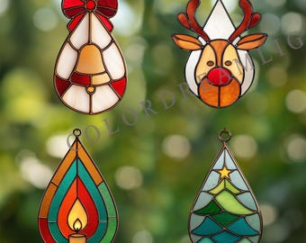 Juego de 4 patrones de vitrales navideños: Plantilla de atrapasol con forma de lágrima, vela, campana de árbol de reno, decoración navideña para ventanas (n.° 04-205.244CH)