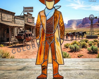 Cowboy Stained Glass Pattern, Western Suncatcher Template | Wild West DIY Glass Art,  (Digital Download, No.04-181TH)