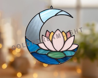 Patrón de vitral de luna de loto – Atrapasol floral de luna creciente – Descarga digital PDF SVG (n.° 04-72MO)