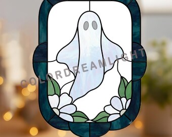 Diseño de vidriera de fantasmas, atrapasoles de fantasmas adorables para Halloween en formato PDF, panel de ventana espeluznante para descargar digitalmente, manualidad de Halloween para hacer tú mismo (n.º 04-346HA)