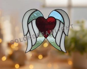 Patrón de vitral con alas de ángel y corazón, atrapasol conmemorativo, decoración de ventana con amor y recuerdo, regalo de condolencia (PDF, n.° 04-130CH)
