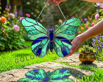 Blue Butterfly Stained Glass Pattern – Elegant Butterfly Suncatcher Template, DIY Glass Art PDF PNG  (No.04-68IS)