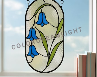 Patrón de panel de vitral con flores de campanilla, diseño de ventana floral ovalada, plantilla de arte en vidrio fácil de usar para principiantes (PDF, PNG, SVG, n.° 04-125PA)