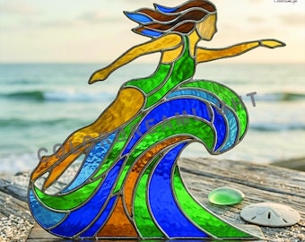 Stained Glass Swimming Woman Pattern – Ocean Wave Suncatcher Template – Flowing Female Figure Glass Art (Digital Download, No.04-197TH)