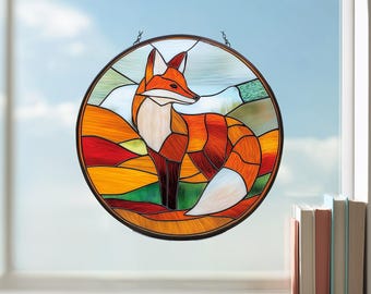 Stained Glass Fox Pattern, Round Fox Suncatcher Template (PDF PNG SVG Files), Woodland Animal Glass Art Design (No.04-128AN)