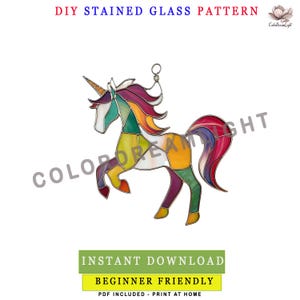 Unicorn Stained Glass Pattern PDF - Magical Rainbow Suncatcher Template for DIY Craft -  Pride Month and Fantasy Decor - Instant Download