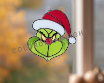 Patrón de vidriera del Grinch con gorro de Papá Noel, plantilla de atrapasoles navideño en PDF y SVG, bonito diseño para colgar en la ventana durante las fiestas (n.º 04-227CH)