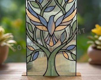 Bird in Tree Stained Glass Pattern, Botanical Panel Suncatcher, Tree of Life Glass Art ( PDF PNG SVG No.04-223TH)