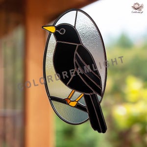 Glas-in-loodpatroon met merel, sjabloon voor kraaien-raamdecoratie, minimalistische ovale raamdecoratie, op de natuur geïnspireerd glaskunstontwerp (nr. 04-88BI)