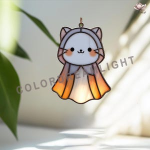 Cute Cartoon Ghost in Cat Costume - Stained Glass Pattern for Halloween, Suncatcher Template SVG, Glass Art for Beginners, Instant Download