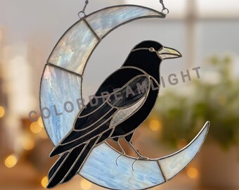 Crow on Crescent Moon Stained Glass Pattern – Gothic Bird Suncatcher – Moonlight Raven Glass Art Template (No.04-101MO)
