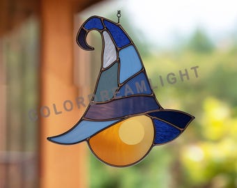 Witch Hat Stained Glass Pattern with Moon, Diy Halloween Suncatcher Template (PDF PNG SVG Download, No.04-19FA )