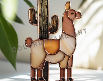 Patrón de vidriera de llama y cactus, plantilla de atrapasoles de alpaca kawaii, arte en vidrio de animales en PDF, SVG y PNG (n.° 04-152SI)