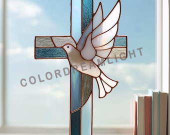 Dove Cross Stained Glass Cross Pattern, Christian Suncatcher Template, Diy Religious Window Hanging Design PDF SVG (No.04-10TO)