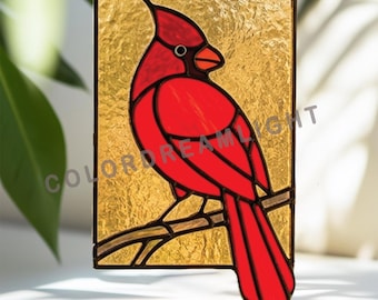 Diseño de vidriera de cardenal, arte en vidrio de cardenal norteño, plantilla de atrapasol de pájaro rojo, descarga instantánea (n.° 04-289BI)
