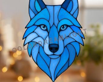 Blue Wolf Head Stained Glass Pattern – Geometric Animal Suncatcher Template, Instant Download (No.04-106AN)
