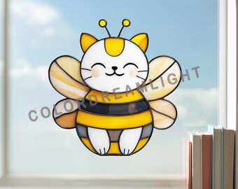 Patrón de vidriera de gato y abeja en PDF – Plantilla de atrapasoles de gatito adorable, regalos para amantes de los gatos (Nº 04-28PE)
