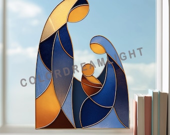 Patrón de vitral de la Sagrada Familia, plantilla para el atrapasol del Nacimiento, descarga SVG PDF, diseño moderno de María José y el Niño Jesús (n.° 04-69TO)
