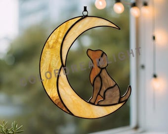 Dog on Crescent Moon Stained Glass Pattern, Puppy Suncatcher Template, Pet Lover Gift, Animal Glass Art PDF SVG (No.04-85MO)