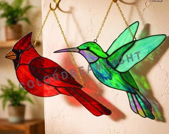 Cardinal & Hummingbird Stained Glass Pattern, Red bird Suncatcher Glass Art,  Digital Download (No.04-356BI)