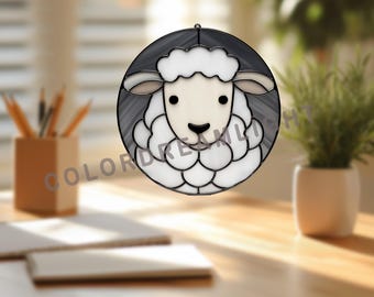 Modello di vetrata con pecore, modello di simpatico acchiappasole a forma di animale (file PDF PNG SVG), design artistico in vetro adatto ai principianti n. 04-150AN