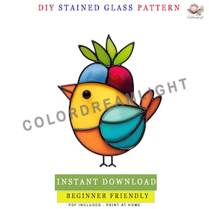 Grappige vogel met fruithoed gebrandschilderd glaspatroon, DIY kleurrijke vogel Suncatcher-sjabloon, beginnersvriendelijke pdf, eenvoudig glas-in-loodproject