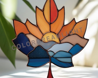 Diseño de vidriera de hoja de arce, plantilla de atrapasoles de hojas de paisaje, arte en vidriera de lago de montaña, diseño de naturaleza otoñal (n.° 04-100PL)