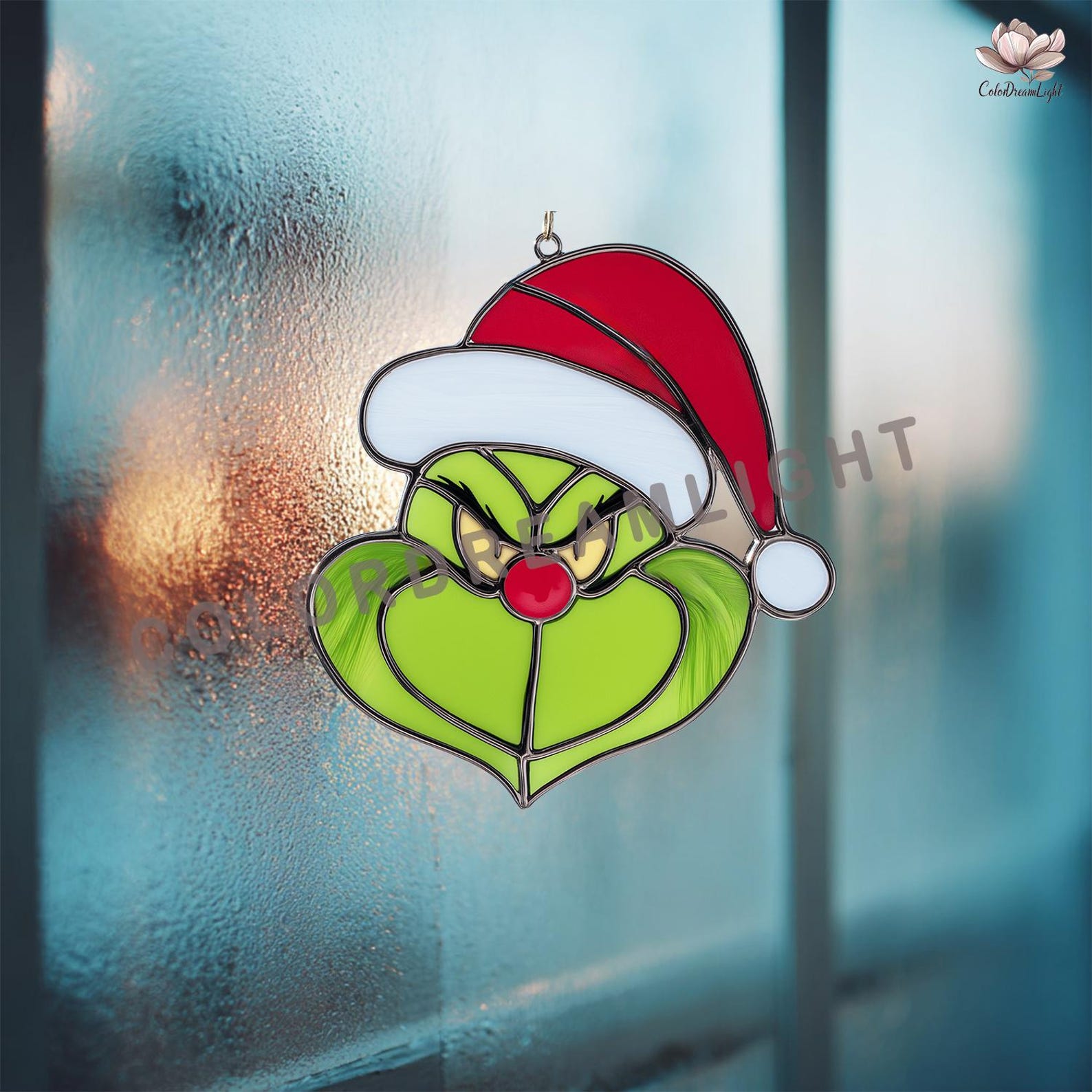 Grinch Stained Glass Pattern With Santa Hat, Christmas Suncatcher ...