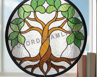 Patrón de vidriera del Árbol de la Vida, plantilla redonda para atrapasoles, PDF de arte celta en vidrio con diseño de árbol, diseño de decoración de ventanas con motivos naturales (n.º 04-96PL)