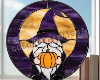 Halloween Gnome Stained Glass Pattern, Gnome Holding Pumpkin Suncatcher Template, Witch Hat Gnome Window Decor (No.04-343HA)