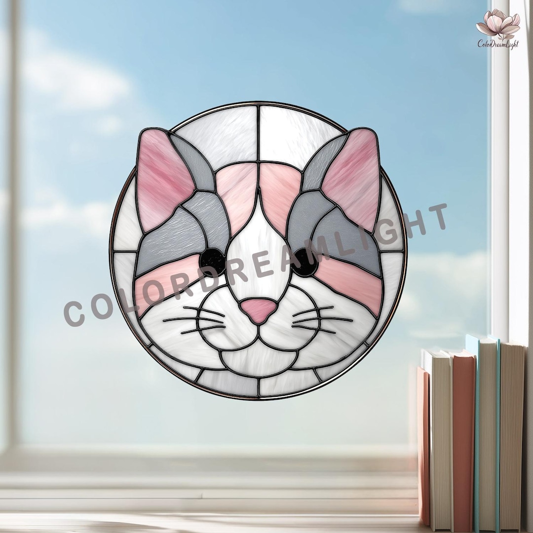 Cat Stained Glass Pattern, Pink Kitty Suncatcher Design, Pet Glass Art ...