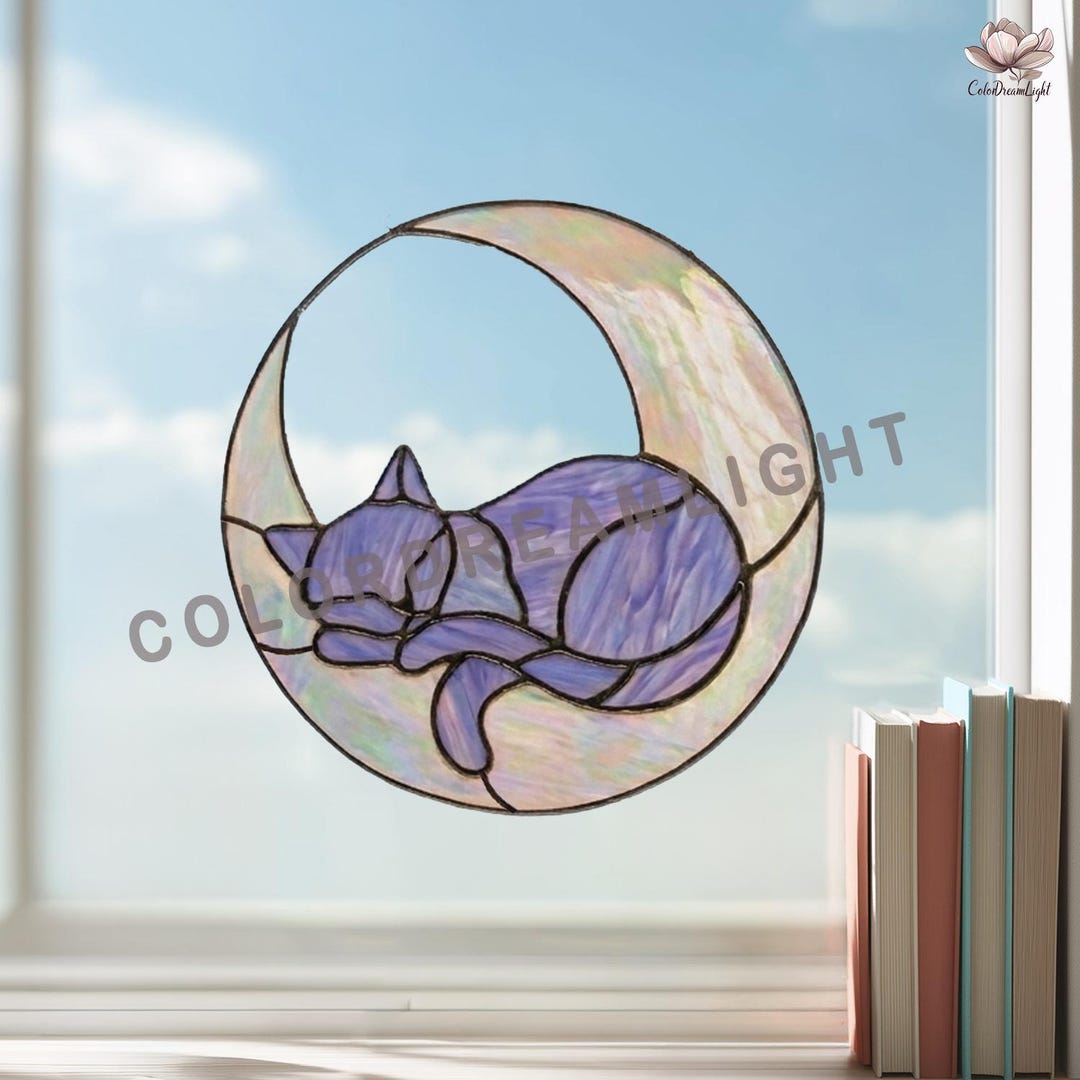 Sleeping Cat on Crescent Moon Stained Glass Pattern, Curled Cat ...